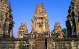 The East Mebon is a 10th Century temple, built during the reign of King Rajendravarman. The East Mebon was dedicated to the Hindu god Shiva and honors the parents of the king. Its location reflects Khmer architects’ concern with orientation and cardinal directions.