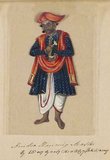 Hand-colored image painted on a thin sheet of mica from a manuscript entitled: ‘Seventy-Two Specimens of Caste in India’ (Madura, southern India: 1837). The full manuscript consists of 72 full-color hand-painted images of men and women of the various castes and religious and ethnic groups found in Madura, Tamil Nadu, at that time. The manuscript shows Indian dress and jewelry adornment in the Madura region as they appeared before the onset of Western influences on South Asian dress and style. Each illustrated portrait is captioned in English and in Tamil, and the title page of the work includes English, Tamil, and Telugu.