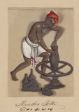 Hand-colored image painted on a thin sheet of mica from a manuscript entitled: ‘Seventy-Two Specimens of Caste in India’ (Madura, southern India: 1837). The full manuscript consists of 72 full-color hand-painted images of men and women of the various castes and religious and ethnic groups found in Madura, Tamil Nadu, at that time. The manuscript shows Indian dress and jewelry adornment in the Madura region as they appeared before the onset of Western influences on South Asian dress and style. Each illustrated portrait is captioned in English and in Tamil, and the title page of the work includes English, Tamil, and Telugu.