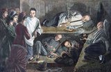 1878 Image of people in an opium den in Chinatown, San Francisco. Hand coloured engraved image titled: 'California - An Evening in the Chinese Quarter of San Francisco - The Chinaman's Paradise, A Favorite Haunt of Opium-Smokers on Kearney Street'.